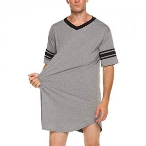 N /C Men Cotton Nightshirt Short Sleeve V-Neck Soft Loose Nightwear