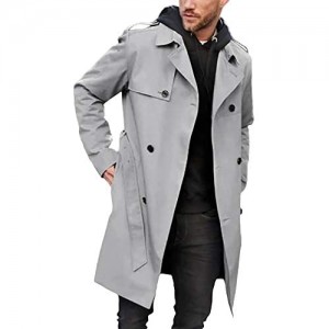 Men's Trench Coat Slim fit Long Lapel Double Breasted Belted Windbreaker Jacket Windproof Button Overcoat